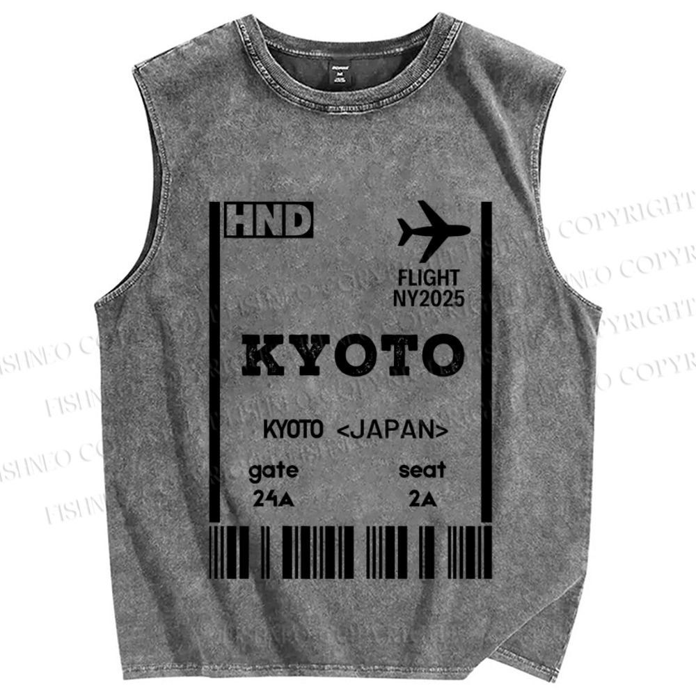 Unisex Kyoto Boarding Card Vintage Printed Washed Tank Top
