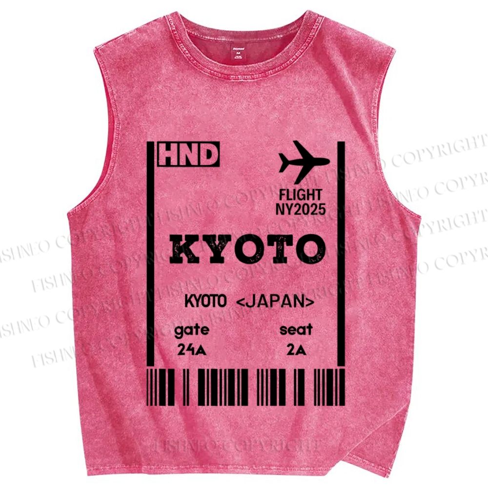 Unisex Kyoto Boarding Card Vintage Printed Washed Tank Top