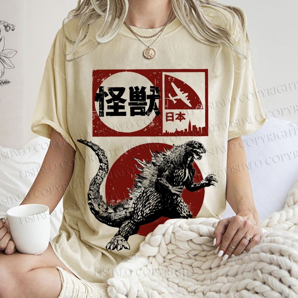 Unisex Vintage Japanese Godzilla Printed Washed Tee