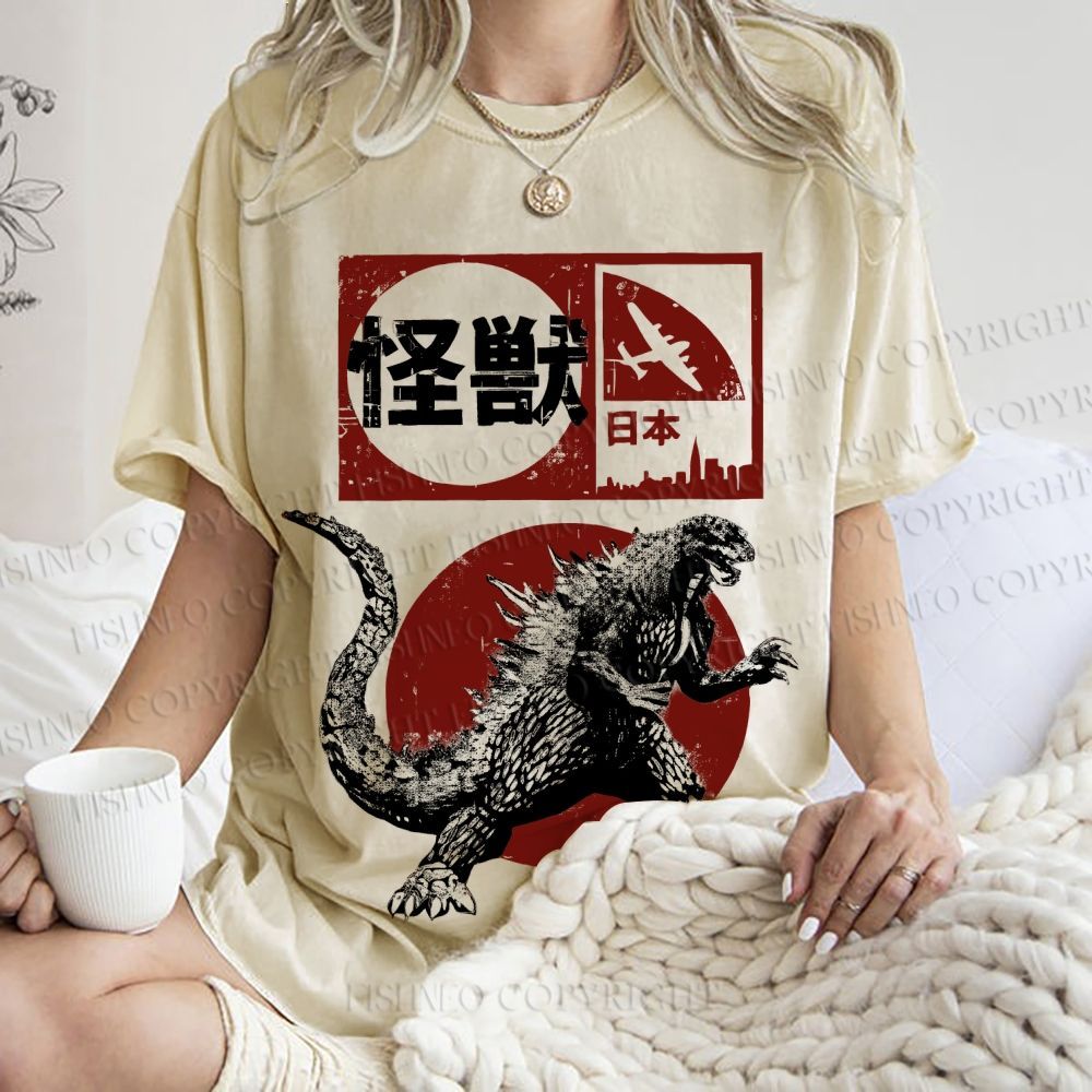 Unisex Vintage Japanese Godzilla Printed Washed Tee