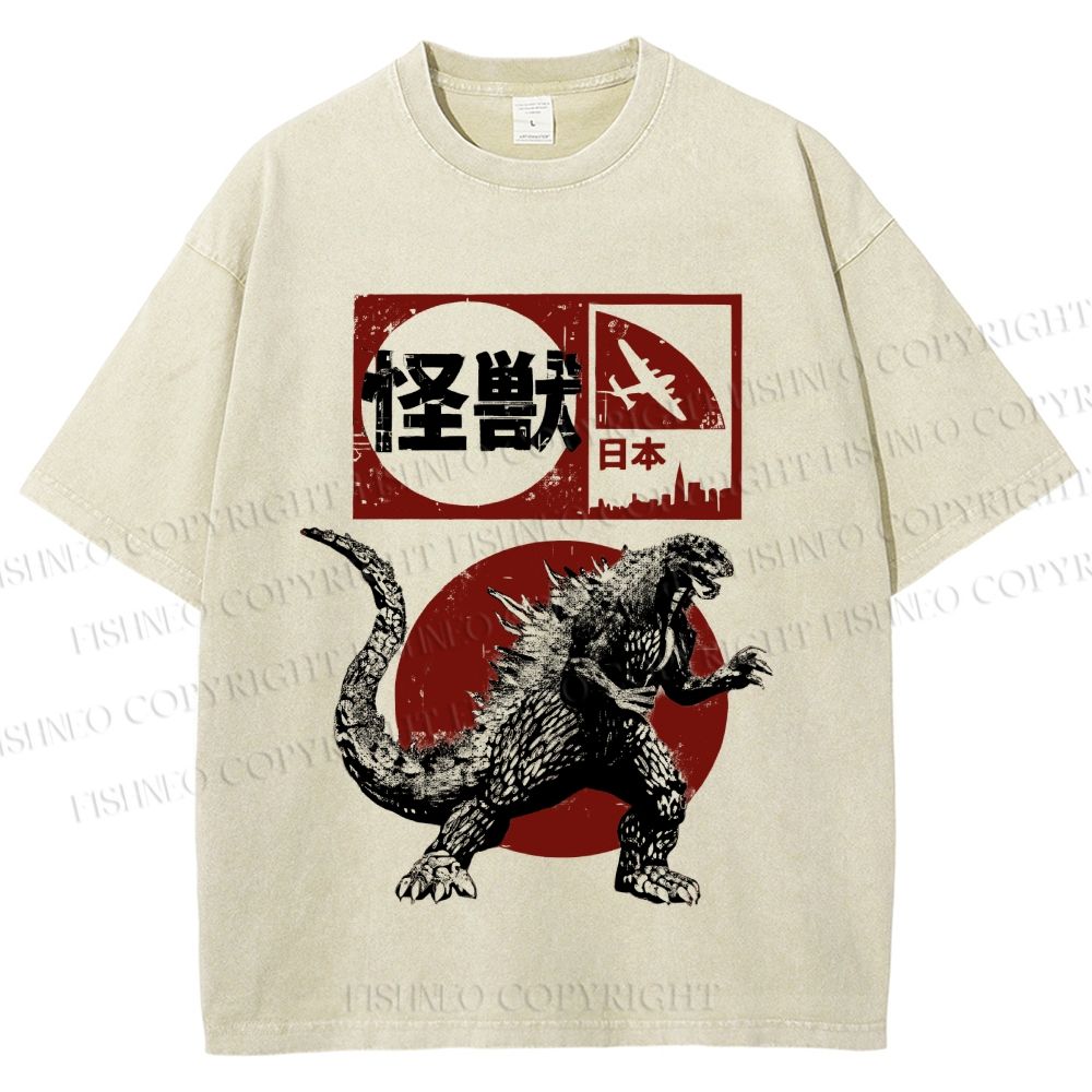 Unisex Vintage Japanese Godzilla Printed Washed Tee