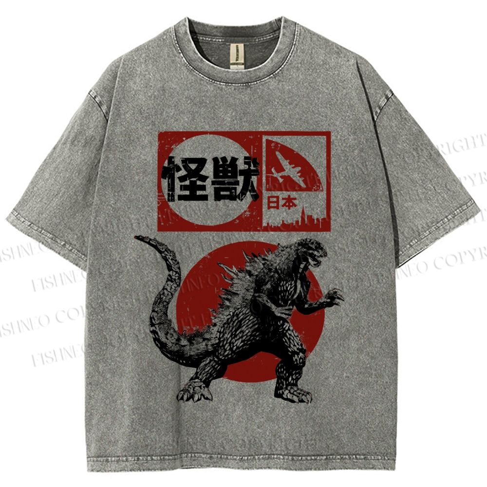 Unisex Vintage Japanese Godzilla Printed Washed Tee