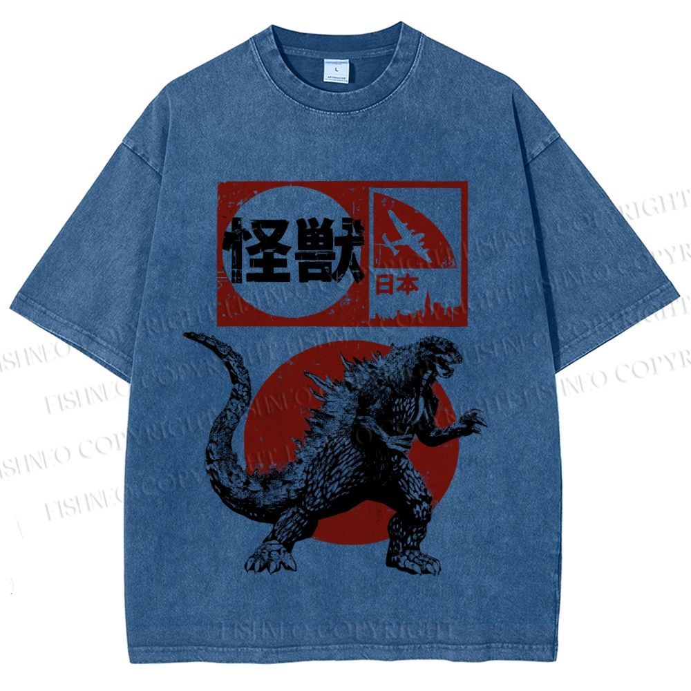 Unisex Vintage Japanese Godzilla Printed Washed Tee