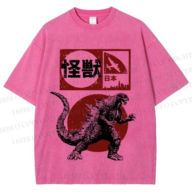 Unisex Vintage Japanese Godzilla Printed Washed Tee