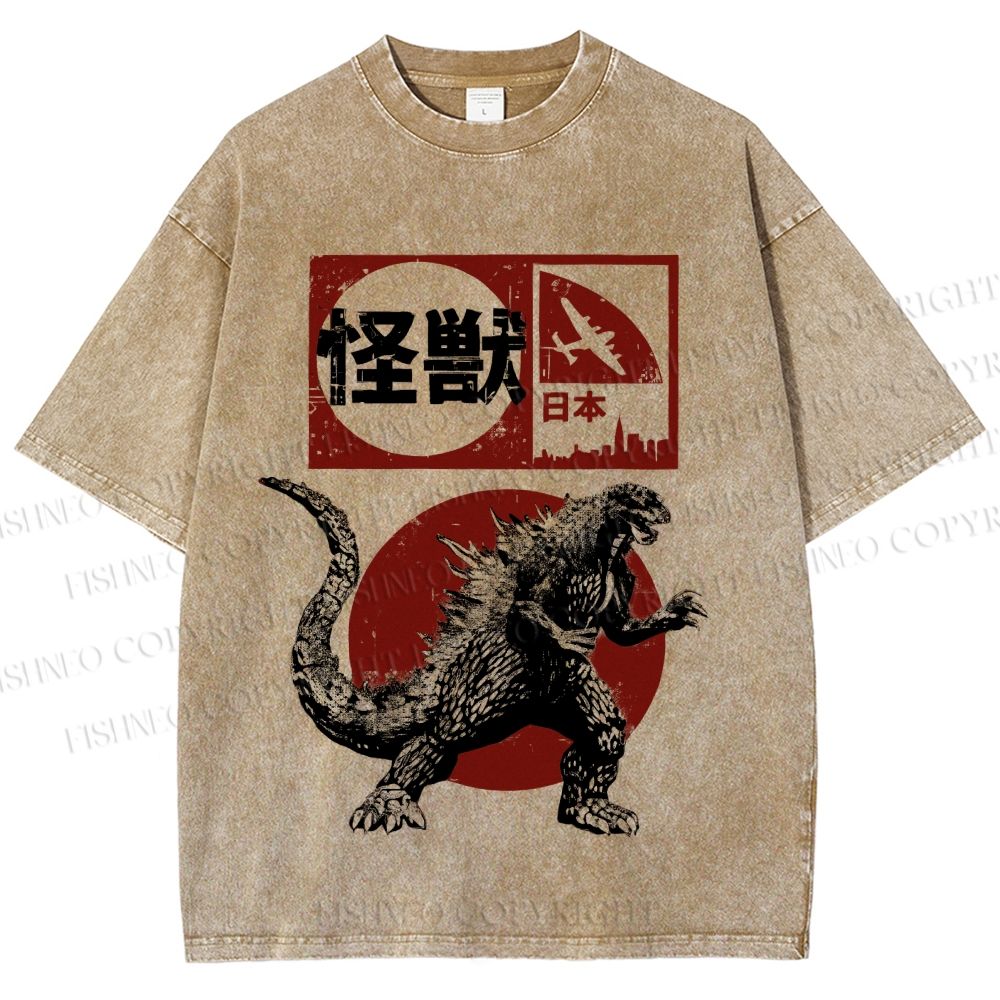 Unisex Vintage Japanese Godzilla Printed Washed Tee
