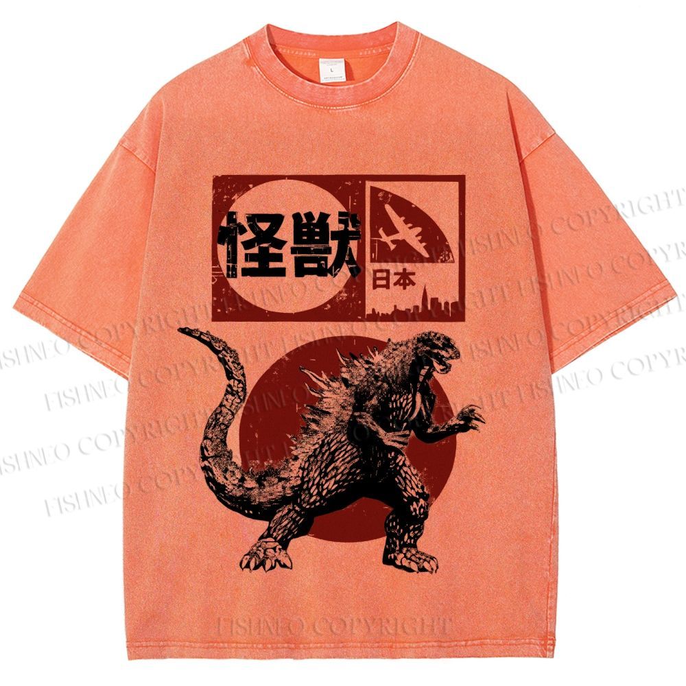 Unisex Vintage Japanese Godzilla Printed Washed Tee