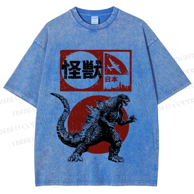 Unisex Vintage Japanese Godzilla Printed Washed Tee