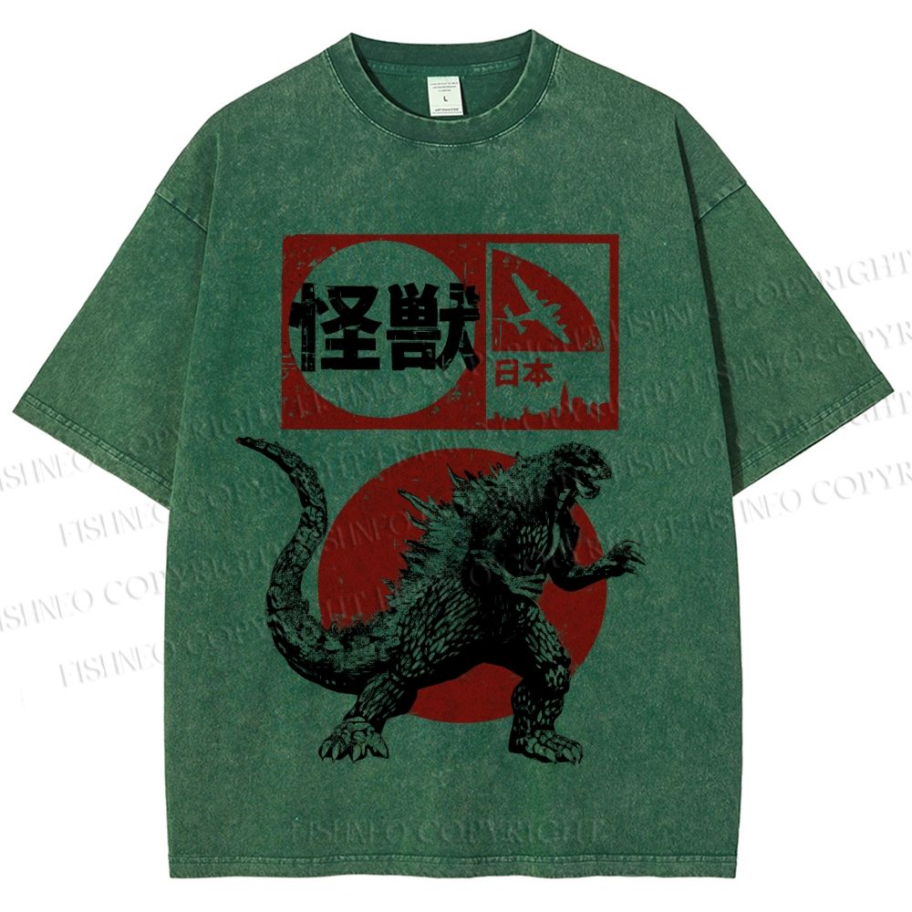 Unisex Vintage Japanese Godzilla Printed Washed Tee