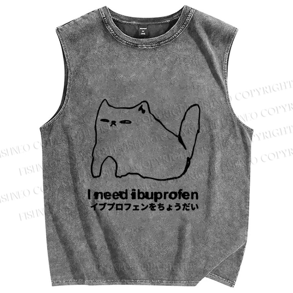 Unisex I need ibuprofen Cat Vintage Printed Washed Tank Top