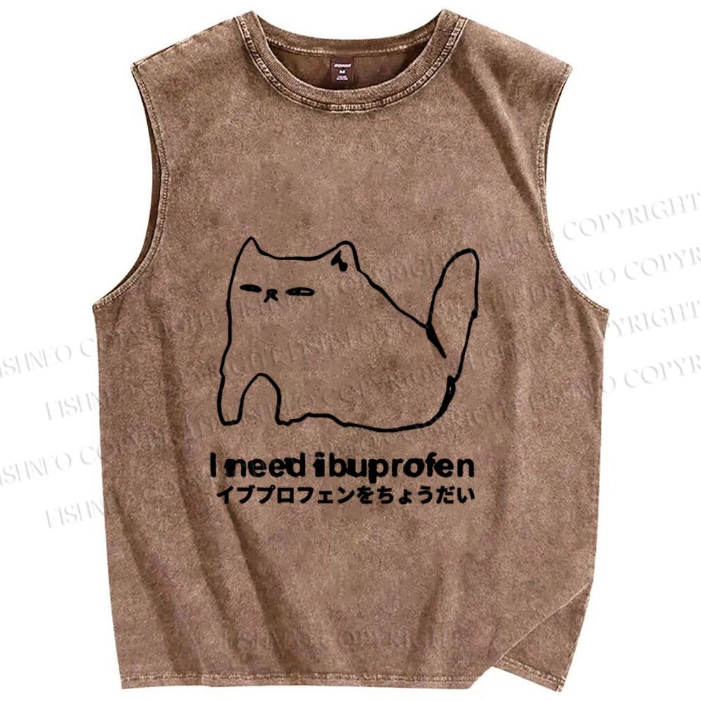 Unisex I need ibuprofen Cat Vintage Printed Washed Tank Top