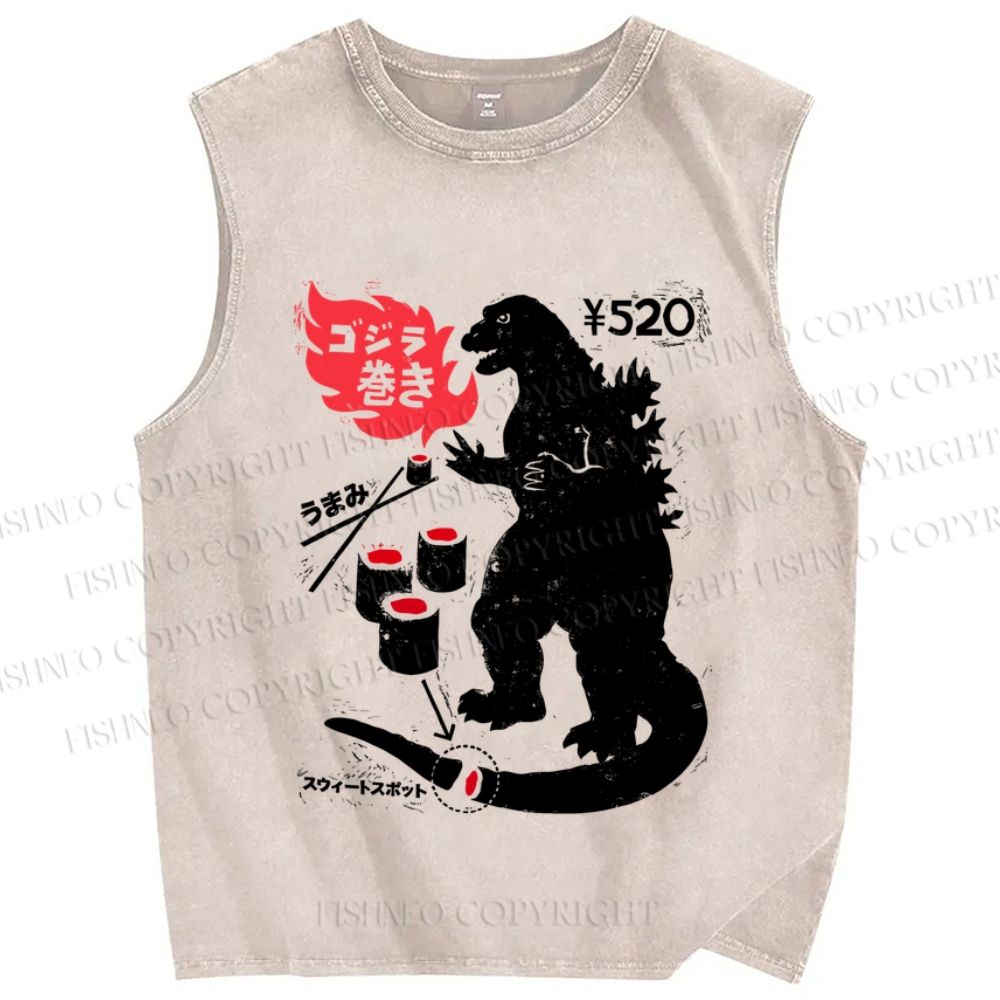 Unisex Vintage Japanese Godzilla Sushi Printed Washed Tank Top
