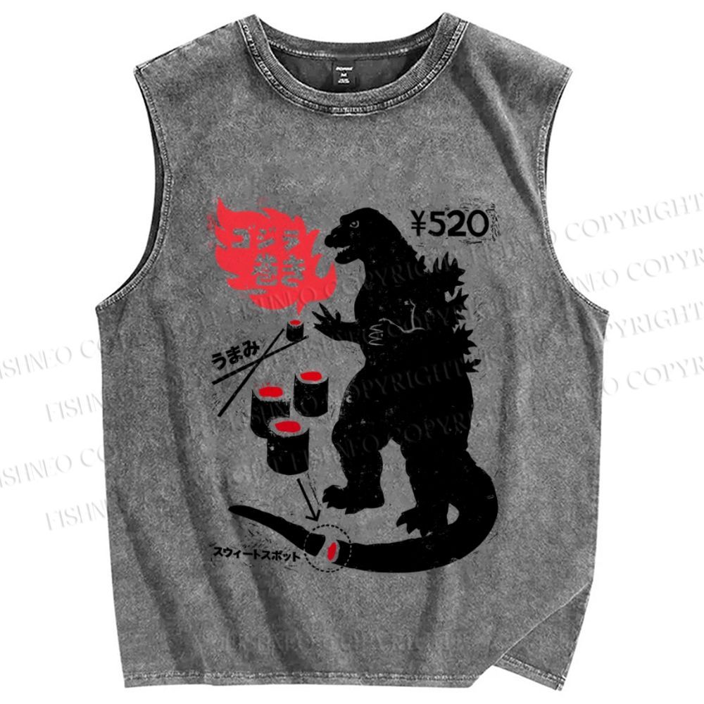 Unisex Vintage Japanese Godzilla Sushi Printed Washed Tank Top