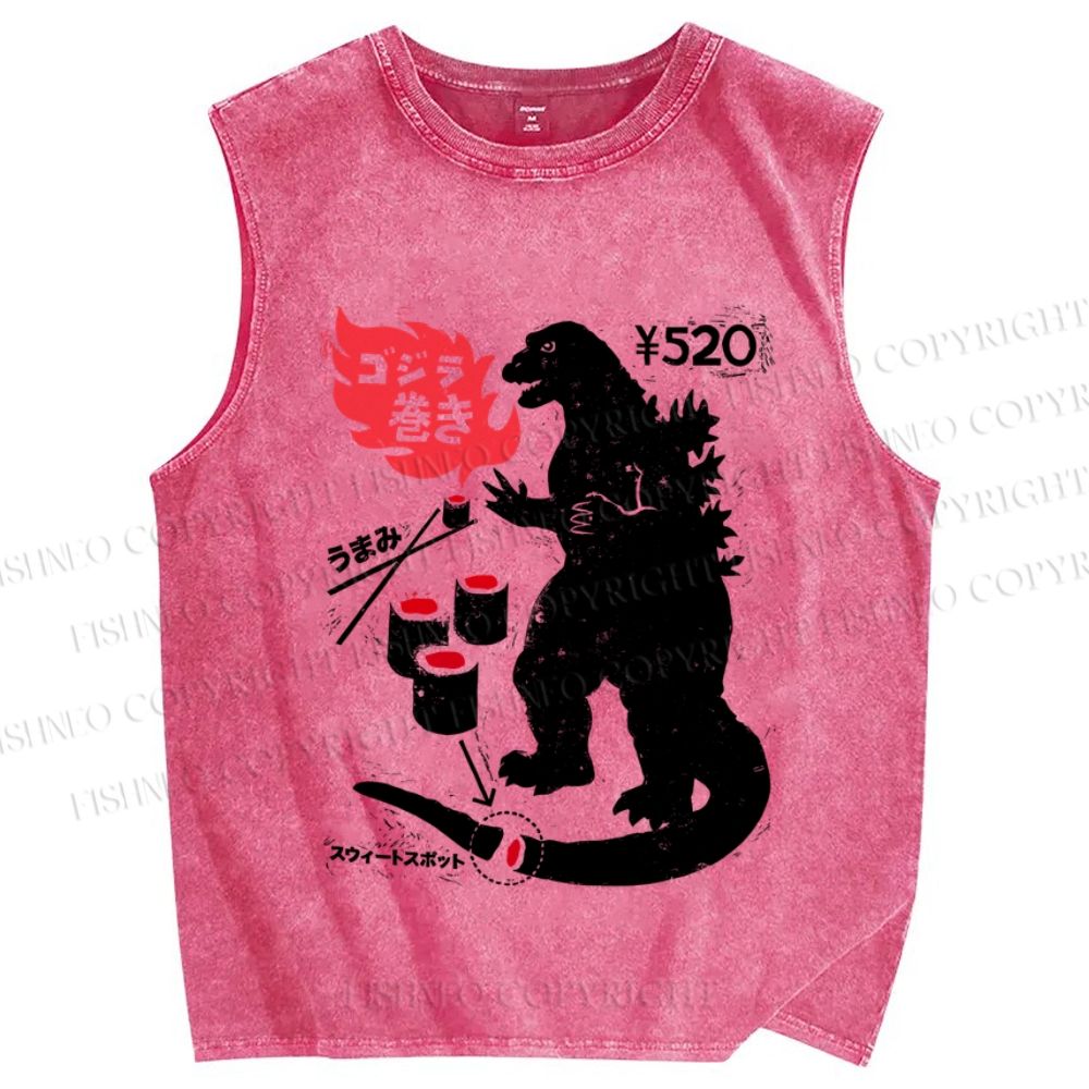 Unisex Vintage Japanese Godzilla Sushi Printed Washed Tank Top