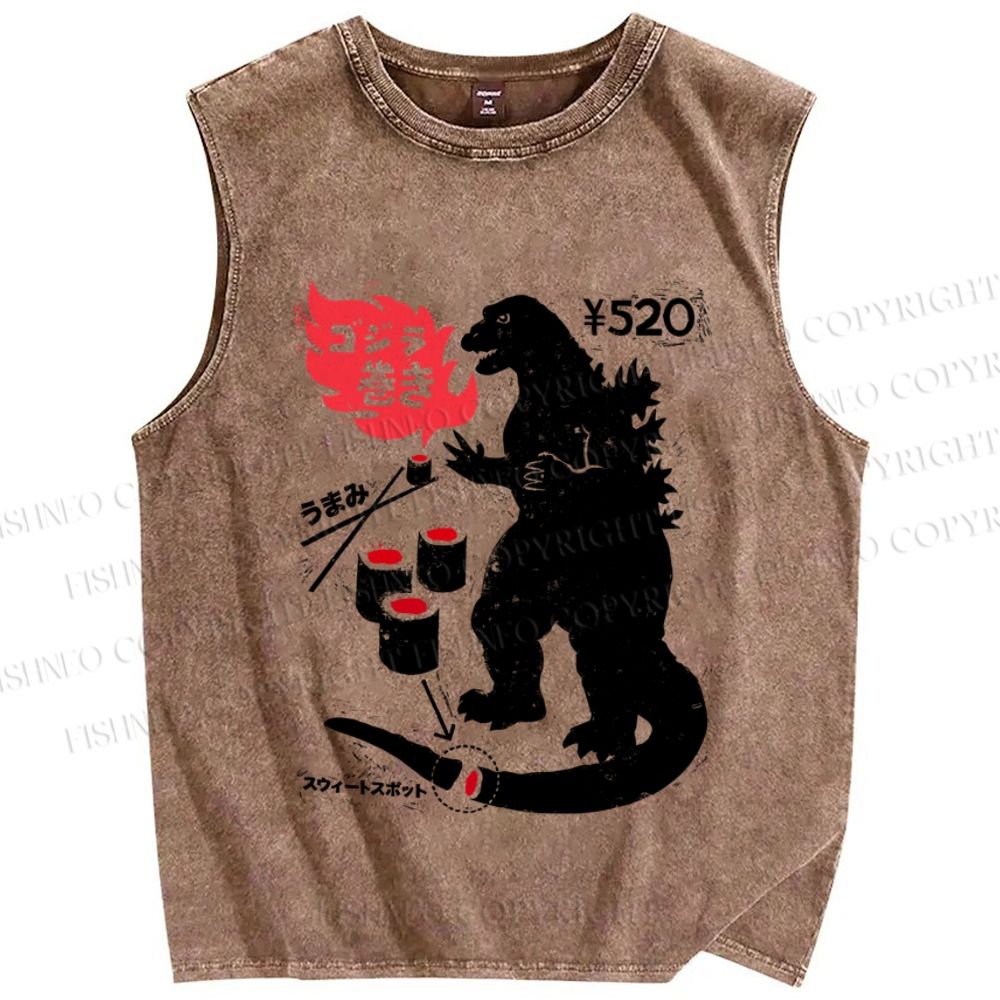 Unisex Vintage Japanese Godzilla Sushi Printed Washed Tank Top