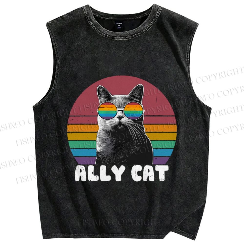 Unisex Pride Ally Cat Vintage Printed Washed Tank Top