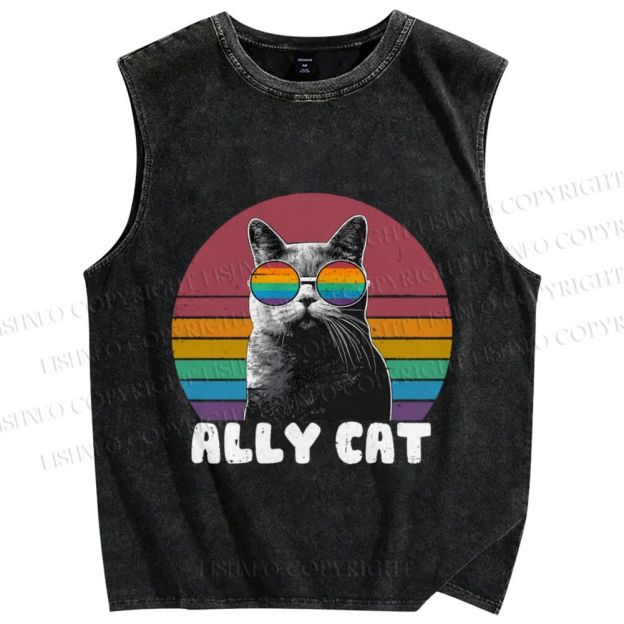 Unisex Pride Ally Cat Vintage Printed Washed Tank Top