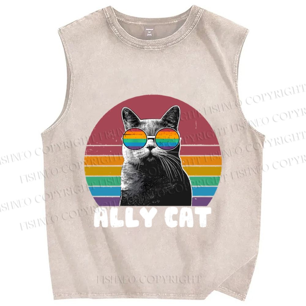 Unisex Pride Ally Cat Vintage Printed Washed Tank Top