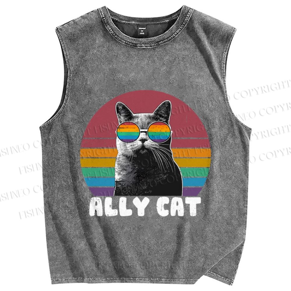 Unisex Pride Ally Cat Vintage Printed Washed Tank Top