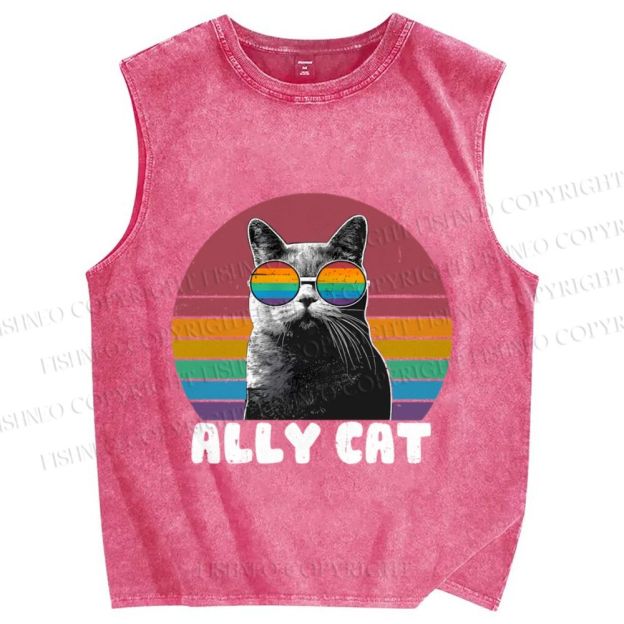Unisex Pride Ally Cat Vintage Printed Washed Tank Top