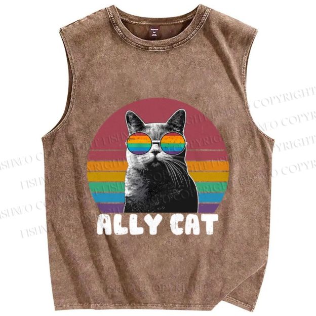 Unisex Pride Ally Cat Vintage Printed Washed Tank Top
