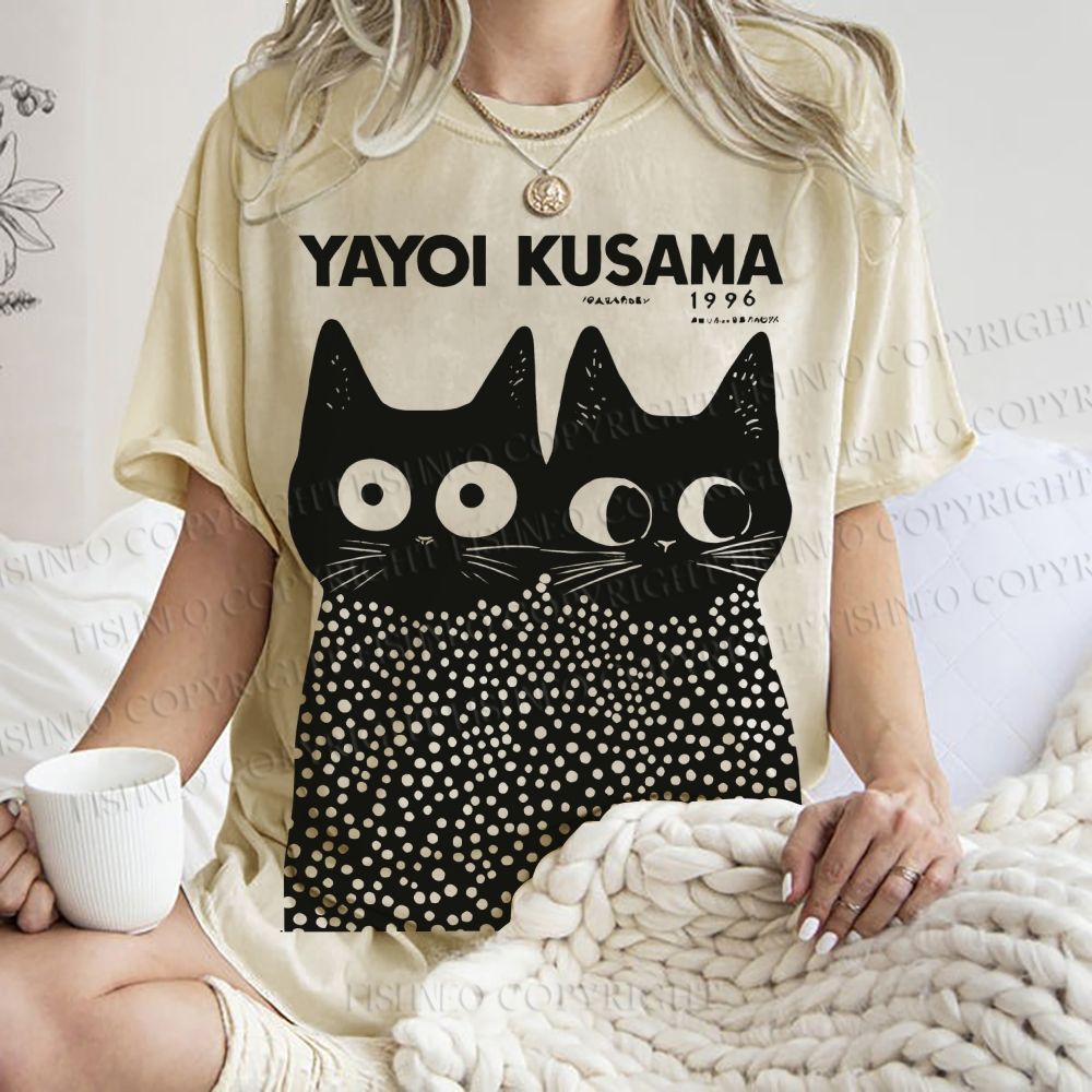 Unisex Japanese Yayoi Kusama Style Cat Printed Washed Tee