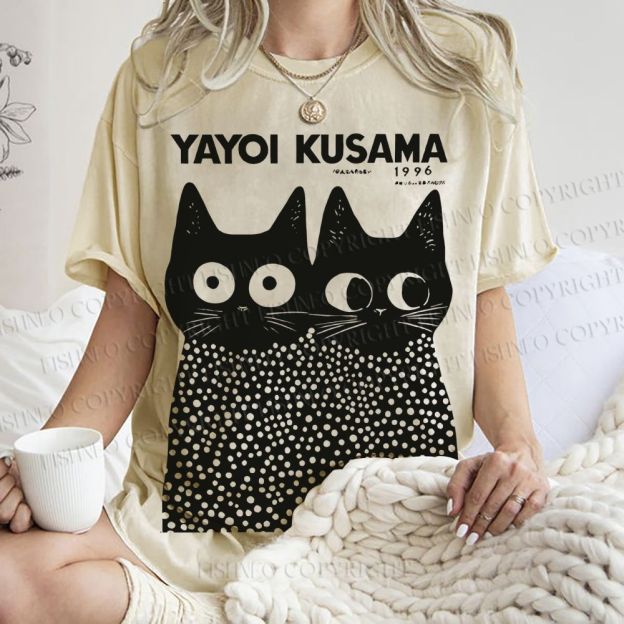 Unisex Japanese Yayoi Kusama Style Cat Printed Washed Tee