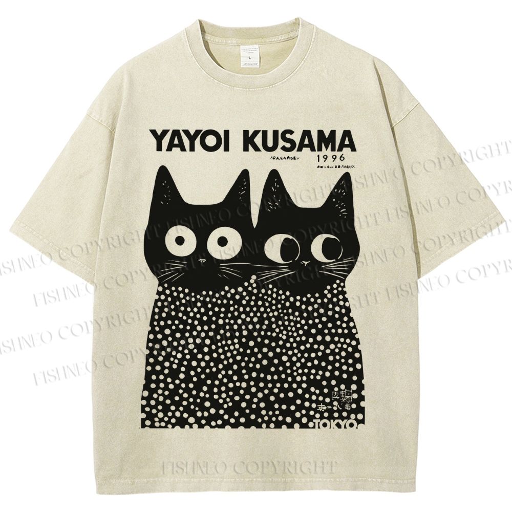 Unisex Japanese Yayoi Kusama Style Cat Printed Washed Tee
