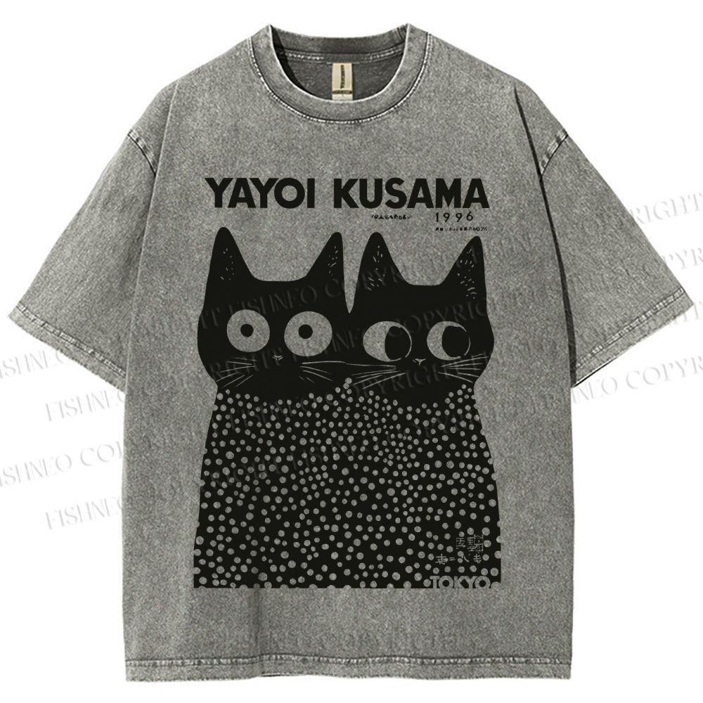 Unisex Japanese Yayoi Kusama Style Cat Printed Washed Tee