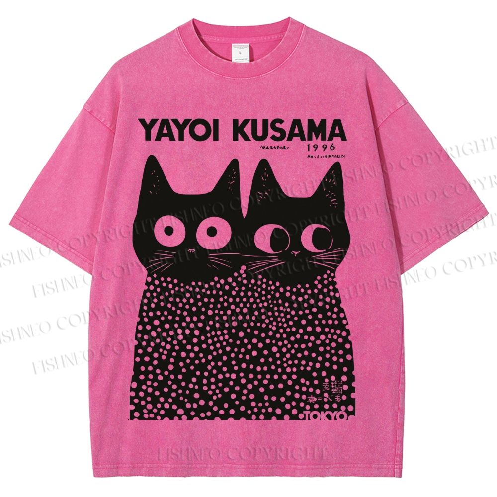 Unisex Japanese Yayoi Kusama Style Cat Printed Washed Tee