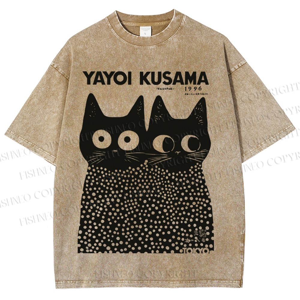 Unisex Japanese Yayoi Kusama Style Cat Printed Washed Tee