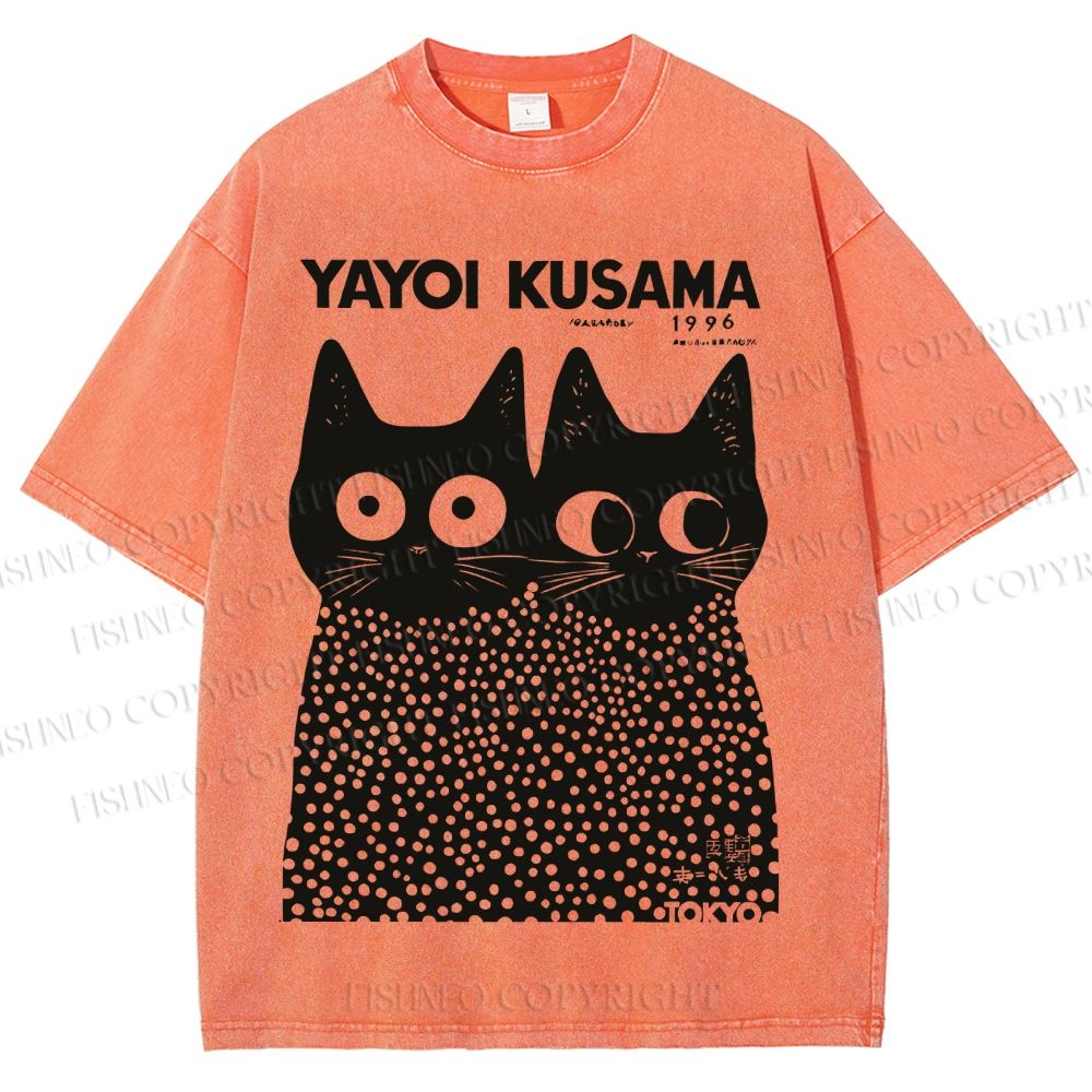 Unisex Japanese Yayoi Kusama Style Cat Printed Washed Tee