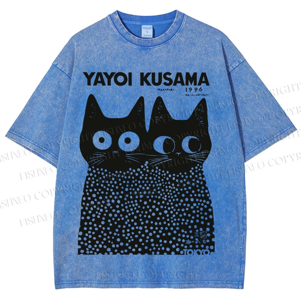 Unisex Japanese Yayoi Kusama Style Cat Printed Washed Tee