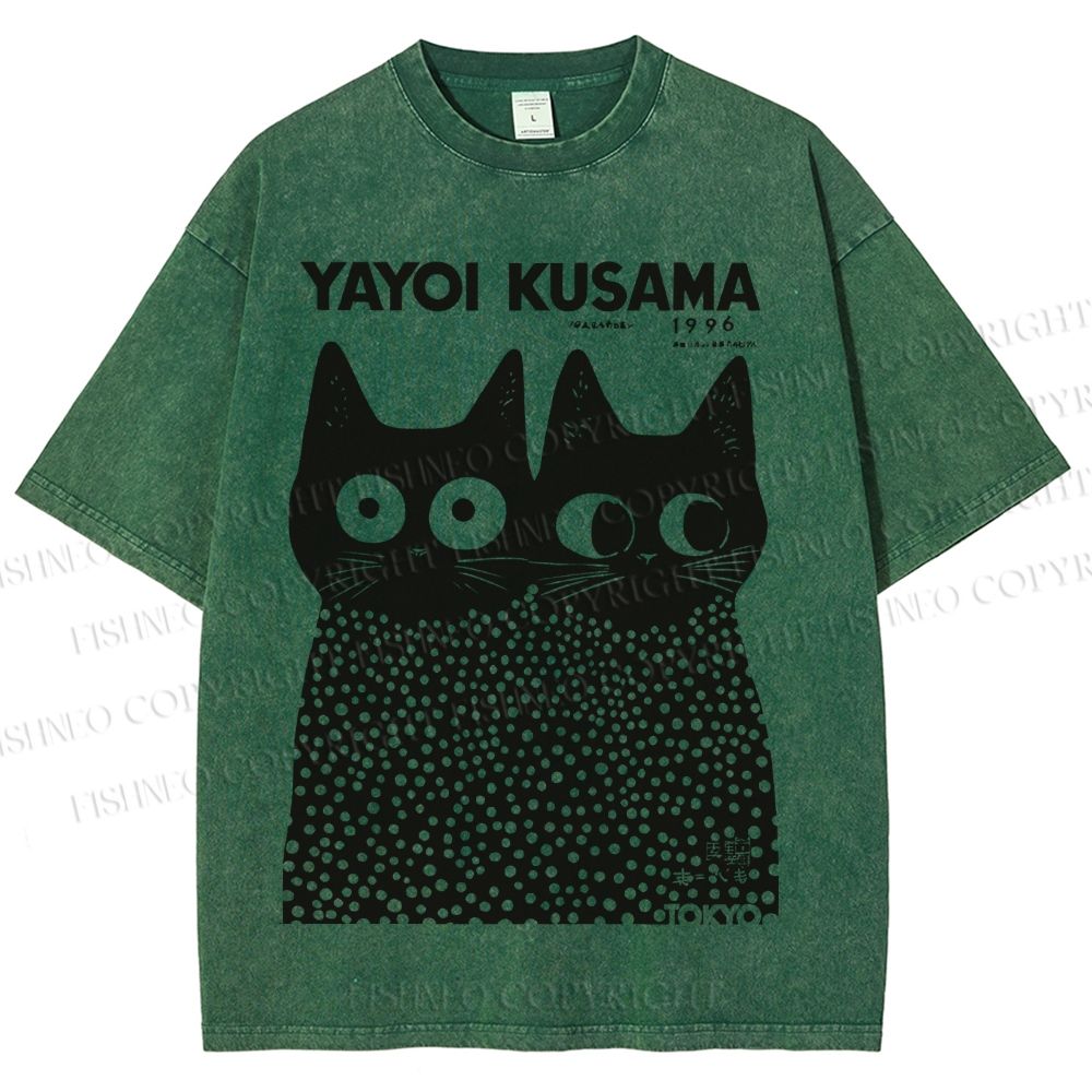 Unisex Japanese Yayoi Kusama Style Cat Printed Washed Tee