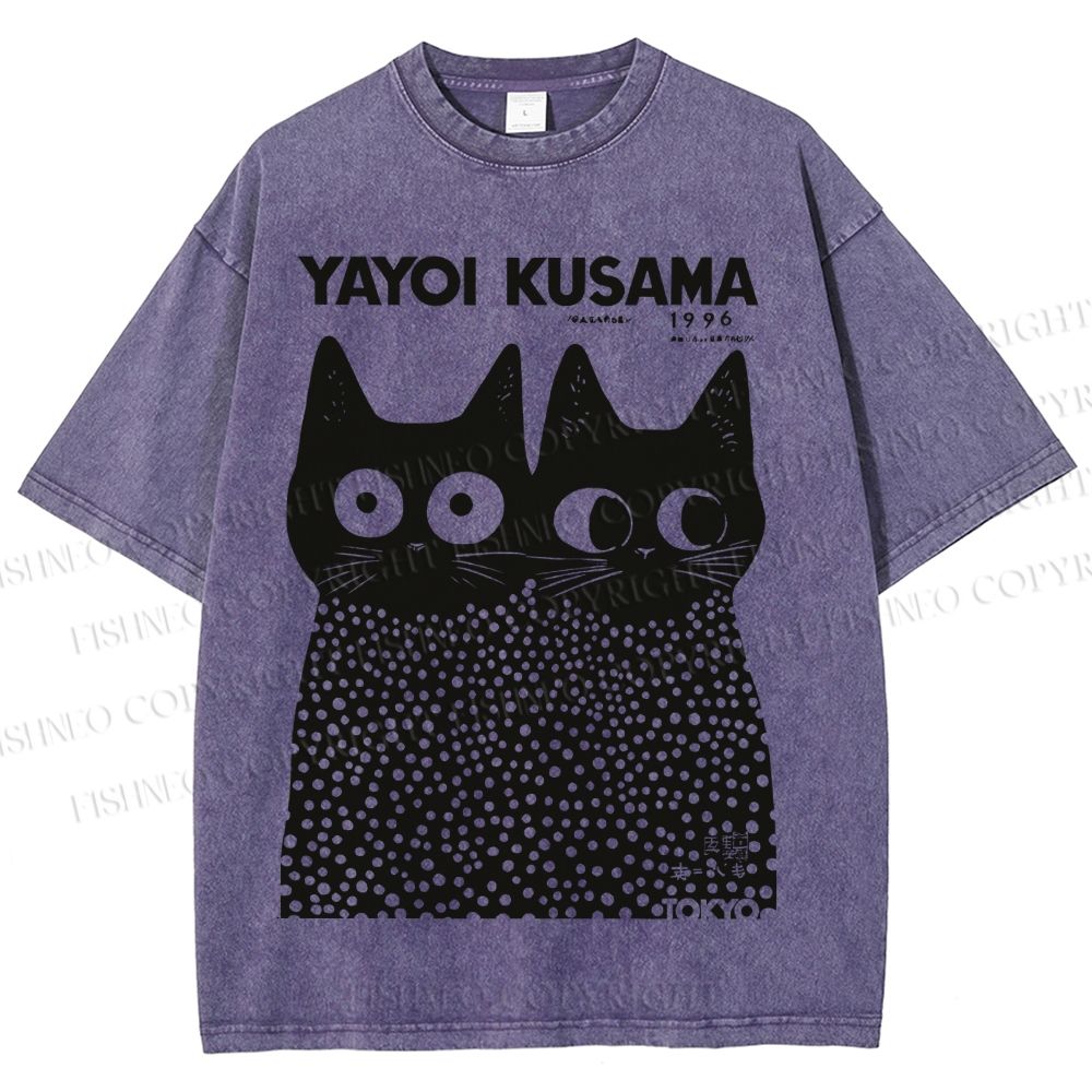 Unisex Japanese Yayoi Kusama Style Cat Printed Washed Tee