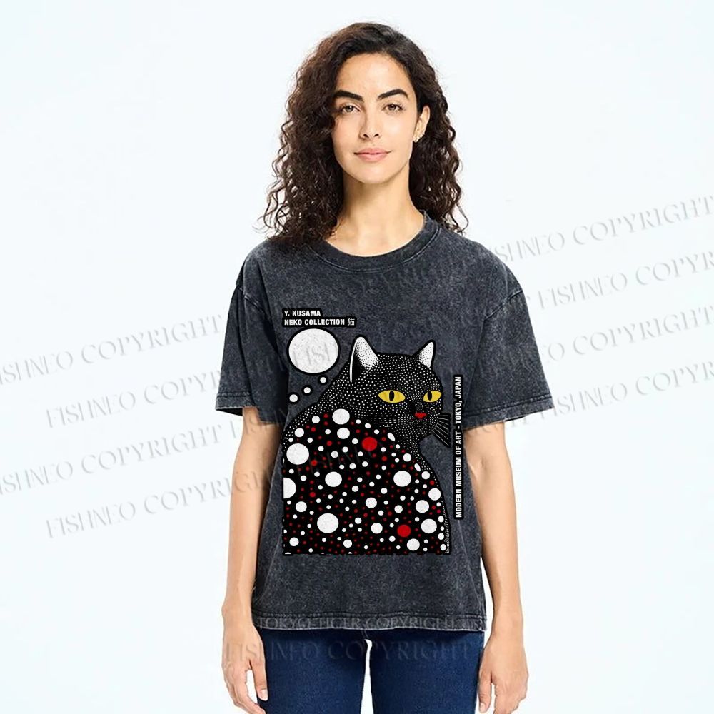 Unisex Japanese Yayoi Kusama Style Cat Printed Washed Tee