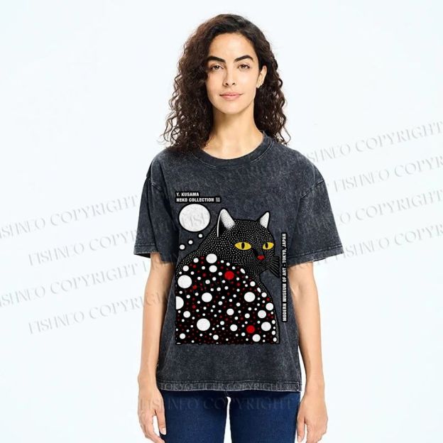 Unisex Japanese Yayoi Kusama Style Cat Printed Washed Tee