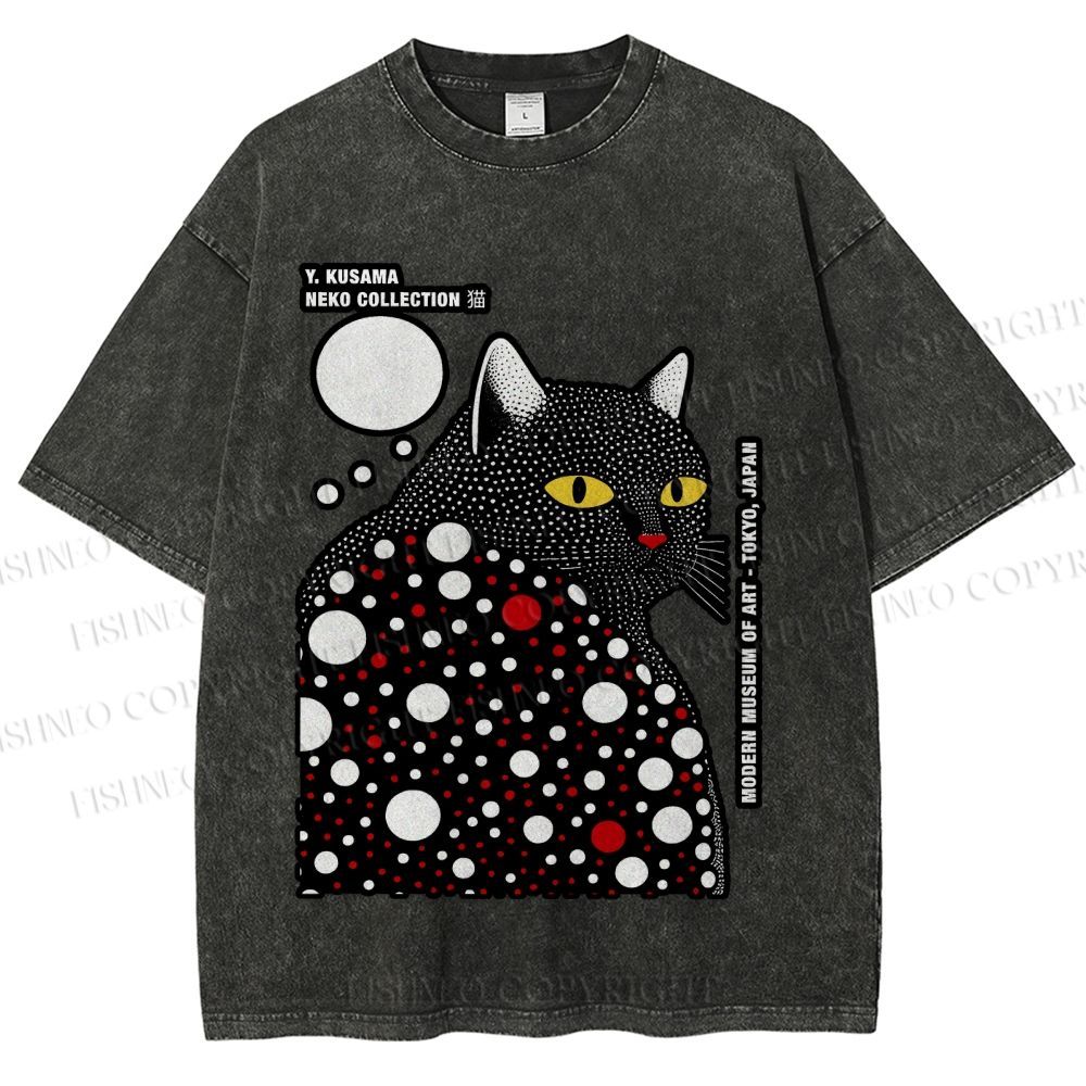 Unisex Japanese Yayoi Kusama Style Cat Printed Washed Tee