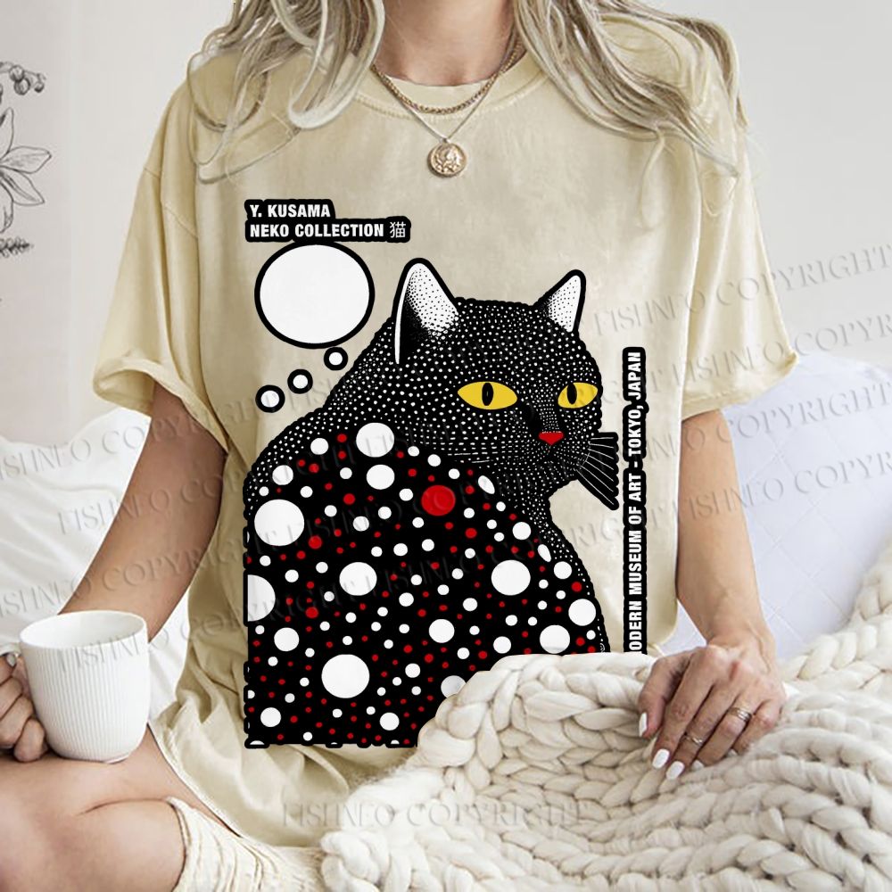 Unisex Japanese Yayoi Kusama Style Cat Printed Washed Tee