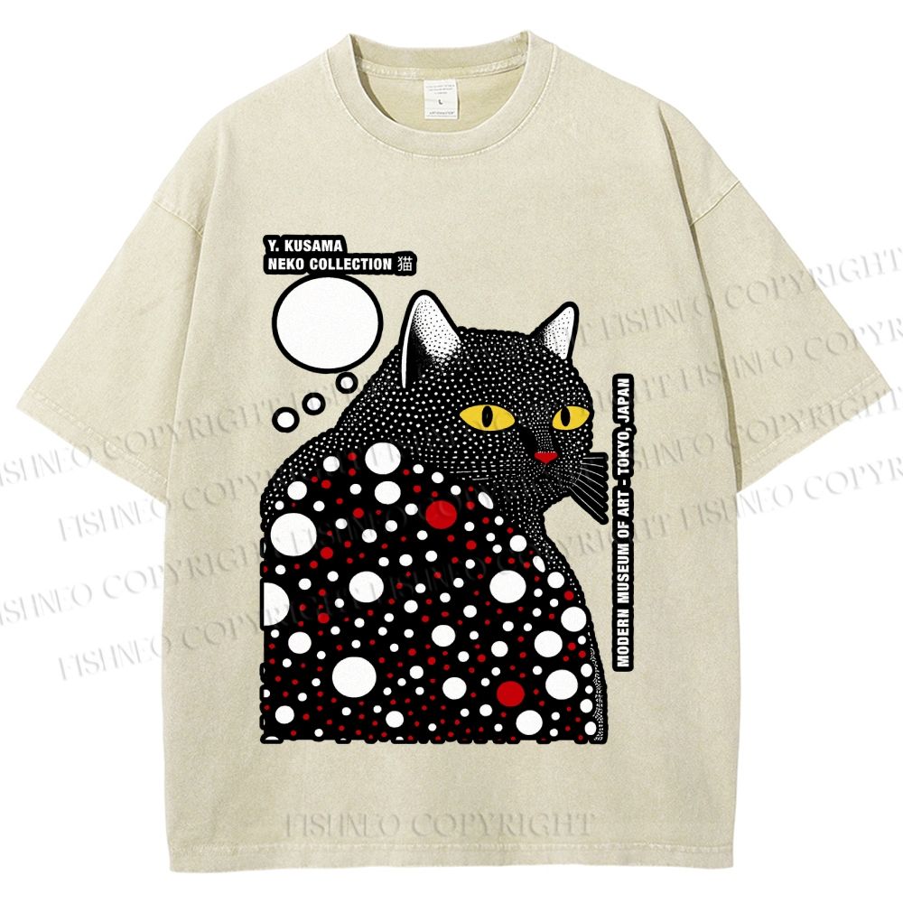 Unisex Japanese Yayoi Kusama Style Cat Printed Washed Tee