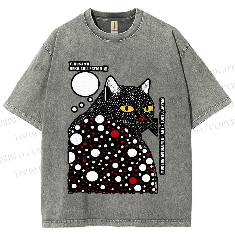 Unisex Japanese Yayoi Kusama Style Cat Printed Washed Tee