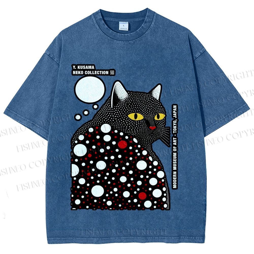 Unisex Japanese Yayoi Kusama Style Cat Printed Washed Tee