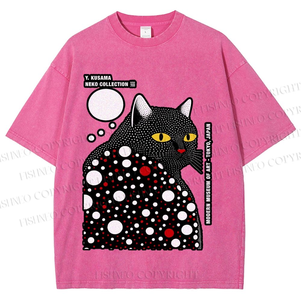 Unisex Japanese Yayoi Kusama Style Cat Printed Washed Tee