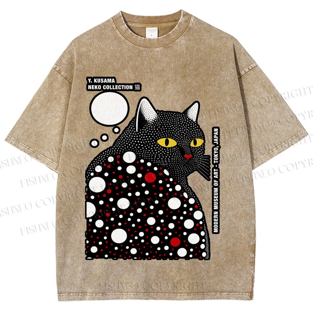Unisex Japanese Yayoi Kusama Style Cat Printed Washed Tee