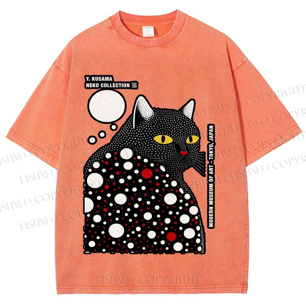 Unisex Japanese Yayoi Kusama Style Cat Printed Washed Tee
