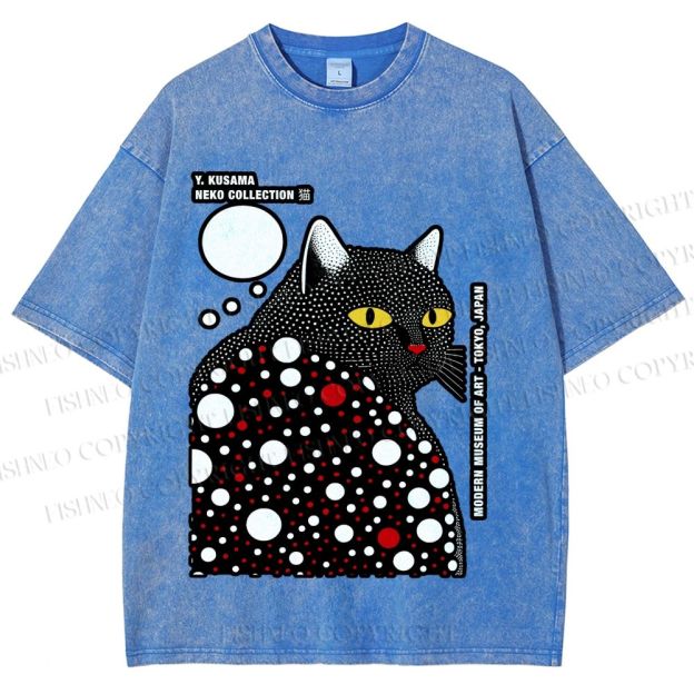 Unisex Japanese Yayoi Kusama Style Cat Printed Washed Tee