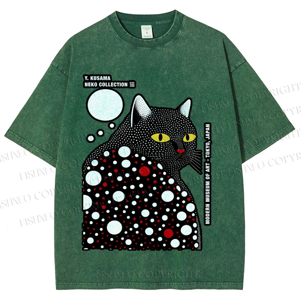 Unisex Japanese Yayoi Kusama Style Cat Printed Washed Tee