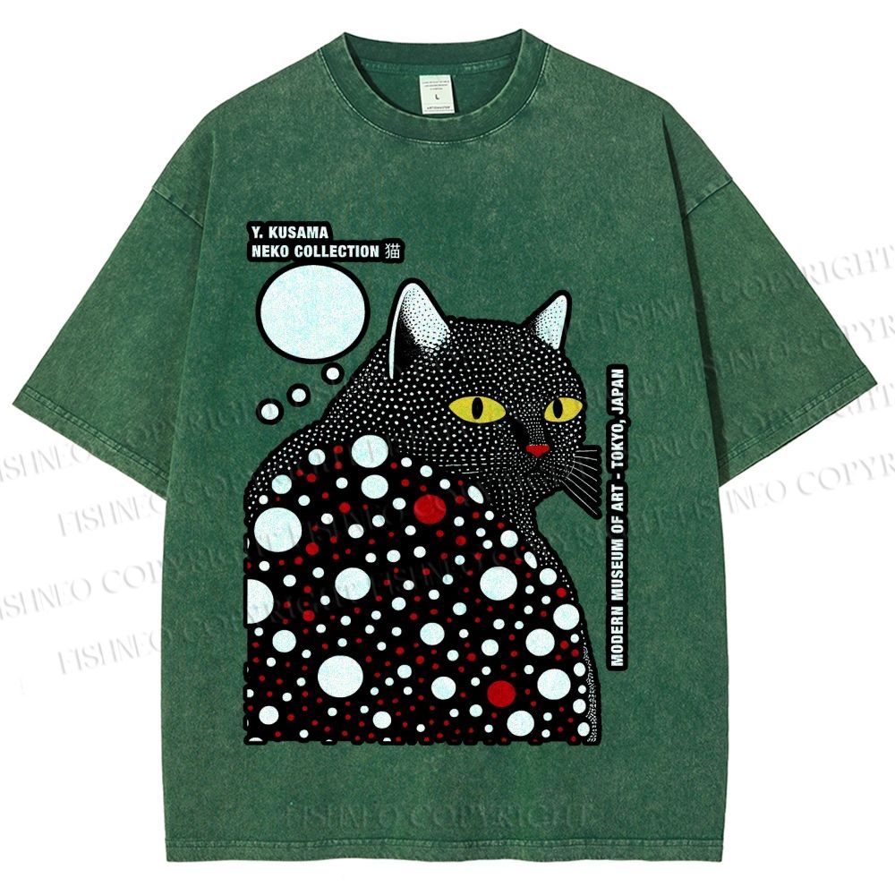Unisex Japanese Yayoi Kusama Style Cat Printed Washed Tee