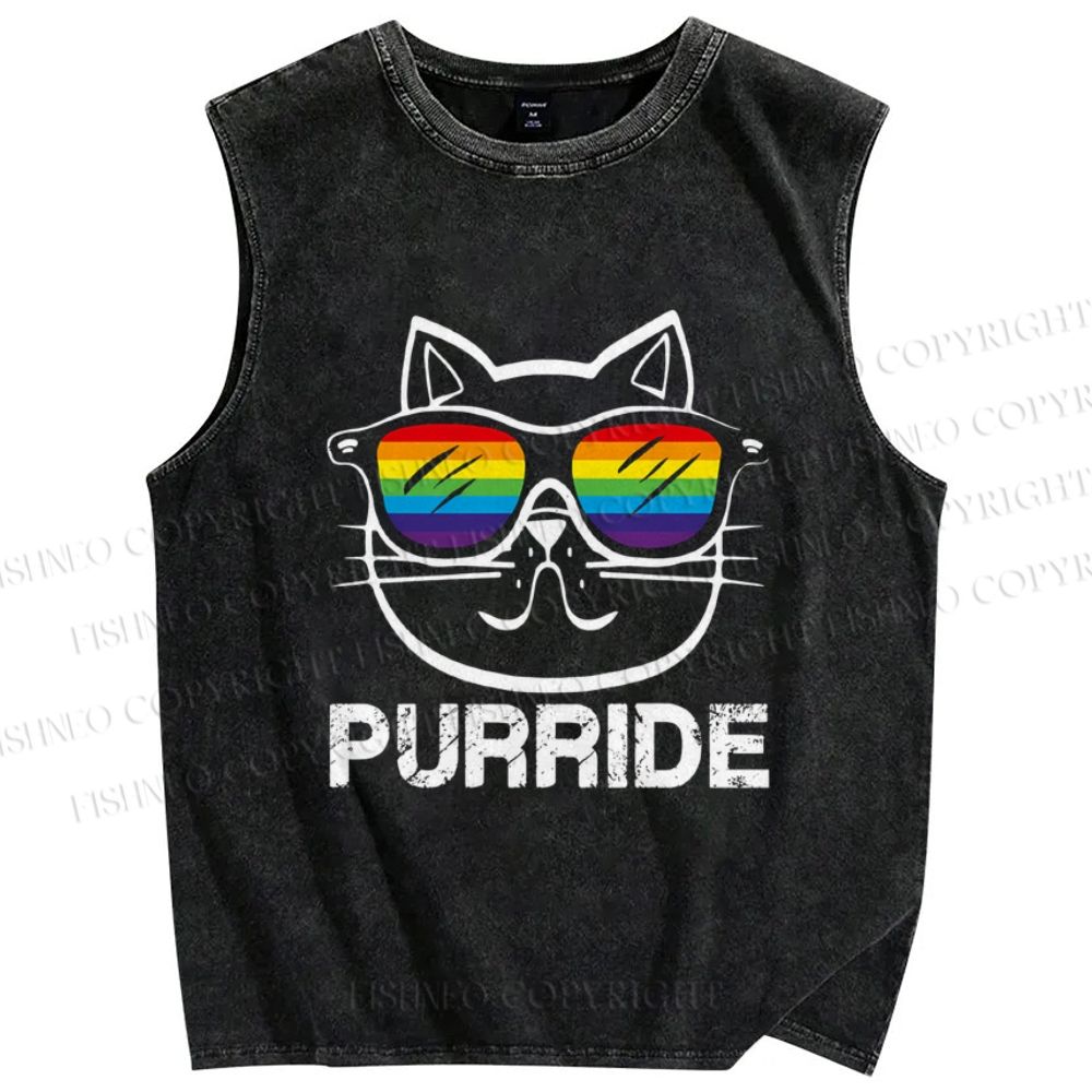 Unisex Pride Cat Sunglasses Printed Washed Tank Top