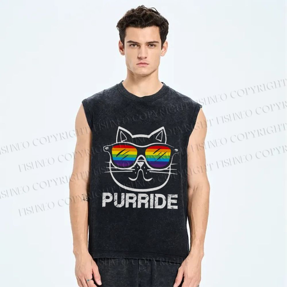 Unisex Pride Cat Sunglasses Printed Washed Tank Top