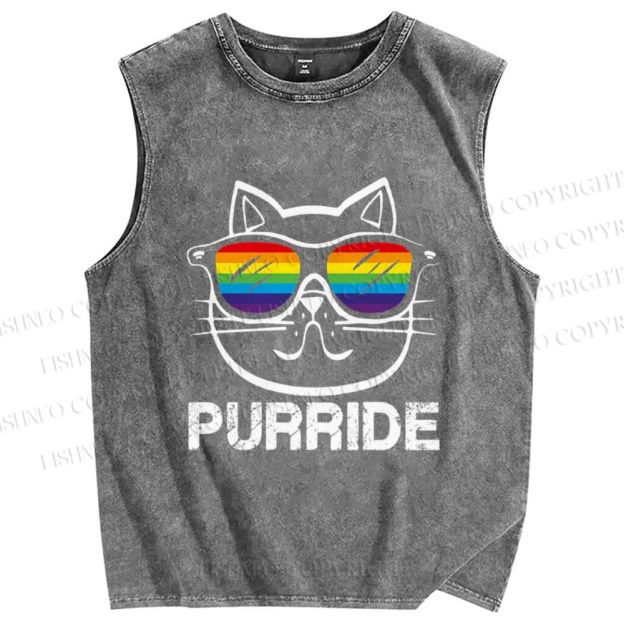 Unisex Pride Cat Sunglasses Printed Washed Tank Top